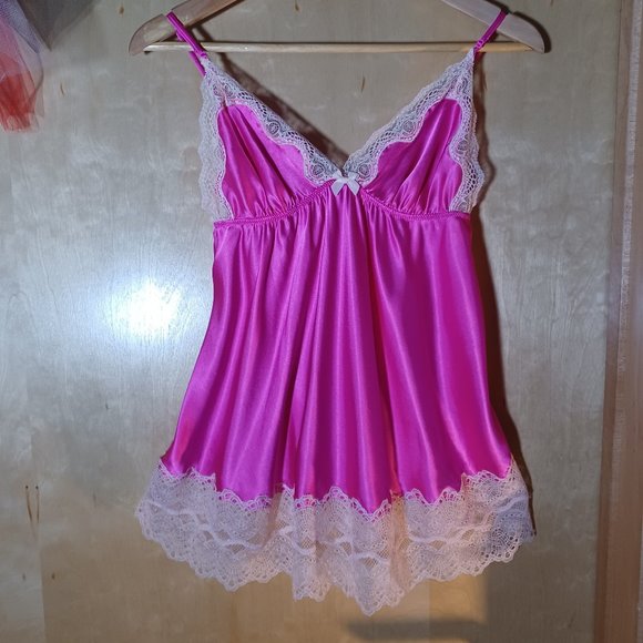 VICTORIA'S SECRET VINTAGE Hot Pink Chantilly Lace Trim Babydoll Slip_Size Large - Picture 2 of 6